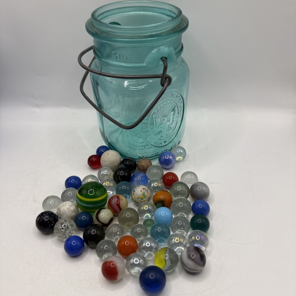 Lot Of Unique Vintage Marbles In Blue Mason Jar Some Glow- See Pics